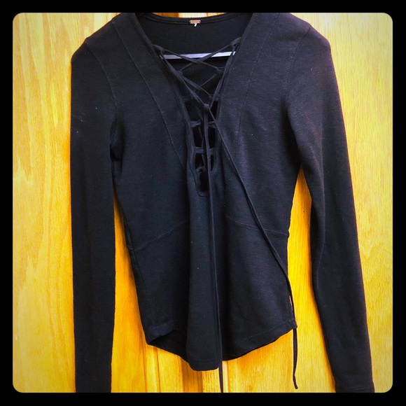 Free People Tops - Free People Black Long Sleeve Lace Up Top